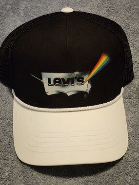 Levi's Pride Hat. Black & White Trucker Hat with Rainbow Logo